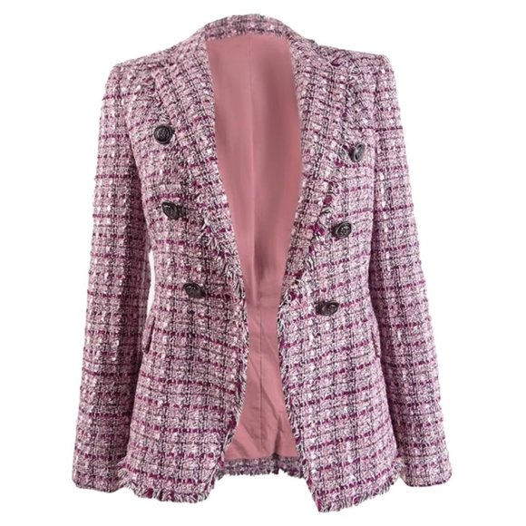 Tahari Jackets & Blazers - Tahari | Pink Tweed Boucle Fringe Blazer